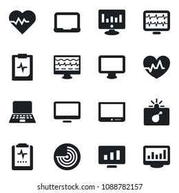 Set of vector isolated black icon - bomb in case vector, radar, notebook pc, statistic monitor, heart pulse, clipboard, tv, statistics