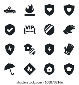 Set of vector isolated black icon - umbrella vector, alarm car, glove, heart shield, flammable, protect, estate insurance, vip zone, home