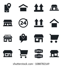 Set of vector isolated black icon - 24 around vector, store, mobile tracking, warehouse storage, up side sign, cafe building, open close, cart, storefront