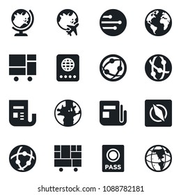 Set of vector isolated black icon - passport vector, globe, plane, earth, consolidated cargo, news, network, compass
