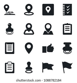 Set of vector isolated black icon - stamp vector, navigation, pin, clipboard, finger up, place tag, checklist, flag