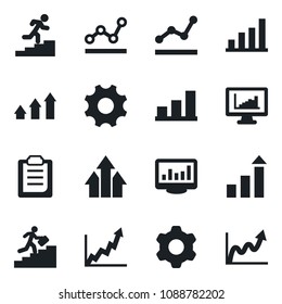 Set of vector isolated black icon - growth statistic vector, settings, clipboard, monitor statistics, bar graph, point, career ladder, arrow up
