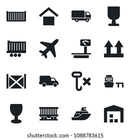 Set of vector isolated black icon - plane vector, railroad, sea shipping, truck trailer, cargo container, car delivery, port, fragile, warehouse storage, up side sign, no hook, heavy scales