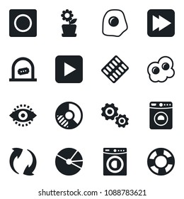 Set of vector isolated black icon - ticket office vector, washer, circle chart, pills blister, play button, fast forward, update, record, eye id, pie graph, flower in pot, omelette, gear