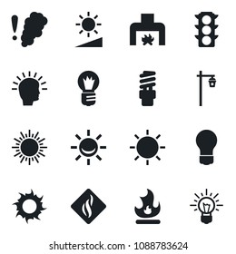 Set of vector isolated black icon - sun vector, bulb, fire, garden light, traffic, brightness, fireplace, smoke detector, energy saving, alarm led, shining head, idea