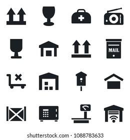 Set of vector isolated black icon - safe vector, bird house, doctor case, container, fragile, warehouse storage, up side sign, no trolley, heavy scales, radio, mailbox, garage gate control