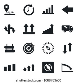 Set of vector isolated black icon - signpost vector, left arrow, growth statistic, route, navigation, up side sign, sorting, data exchange, compass, bar graph, moving, target, clock, crisis