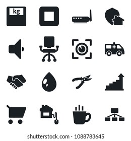 Set of vector isolated black icon - growth statistic vector, pruner, water drop, scales, ambulance car, stop button, coffee, home control, router, sound, eye scan, protect, handshake, office chair