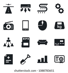 Set of vector isolated black icon - runway vector, credit card, mouse, shovel, drip irrigation, diagnosis, heavy, radio, mobile, sd, bar graph, hierarchy, cushioned furniture, air conditioner, gear