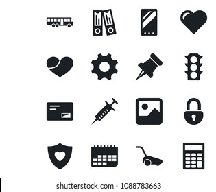 Set of vector isolated black icon - airport bus vector, office binder, lawn mower, heart, syringe, shield, traffic light, term, paper pin, mail, mobile, gallery, settings, lock, calculator