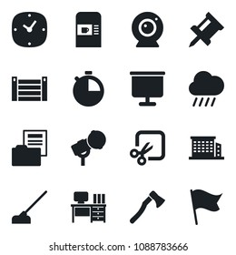 Set of vector isolated black icon - coffee machine vector, desk, rain, hoe, axe, container, microphone, clock, stopwatch, cut, presentation board, drawing pin, document folder, office building, flag