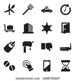 Set of vector isolated black icon - baggage trolley vector, alarm car, office building, farm fork, pills, cell phone, touch screen, finger down, rca, water supply, router, police, door, windmill