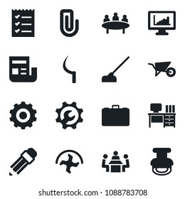 Set of vector isolated black icon - gear vector, case, desk, meeting, ripper, wheelbarrow, hoe, sickle, root setup, monitor statistics, paper clip, news, checklist, pencil, stamp