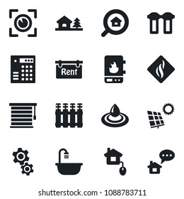 Set of vector isolated black icon - house with tree vector, sun panel, rent, estate search, bathroom, home control, water heater, gear, filter, smoke detector, radiator, jalousie, eye scan, message