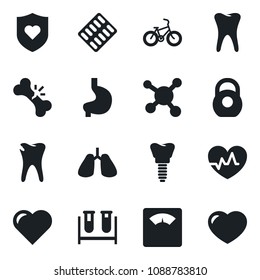 Set of vector isolated black icon - heart vector, pulse, blood test vial, scales, pills blister, bike, shield, stomach, lungs, tooth, caries, implant, broken bone, molecule, heavy