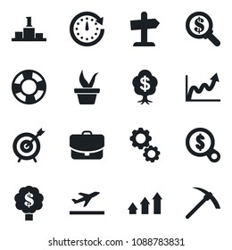 Set of vector isolated black icon - departure vector, seedling, target, arrow up graph, gear, clock, growth, money search, case, crisis management, pedestal, tree, guidepost, hard work