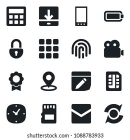 Set of vector isolated black icon - mobile vector, menu, calculator, clock, mail, sd, sim, notes, download, place tag, lock, fingerprint id, video, battery, sertificate, update