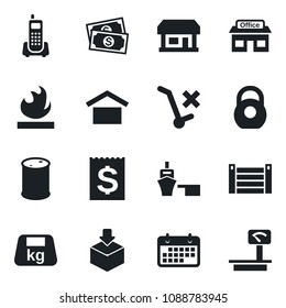 Set of vector isolated black icon - store vector, cash, office phone, term, receipt, sea port, container, warehouse storage, no trolley, package, heavy, flammable, oil barrel, scales