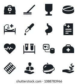 Set of vector isolated black icon - rake vector, heart pulse, doctor case, diagnosis, blood pressure, test vial, dropper, pills, blister, hospital bed, stomach, diet, client, fragile, palm sproute