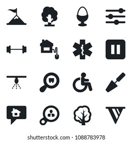 Set of vector isolated black icon - disabled vector, trowel, tree, ambulance star, barbell, search cargo, pause button, tuning, egg stand, home control, sprinkler, message, consumer, motivation