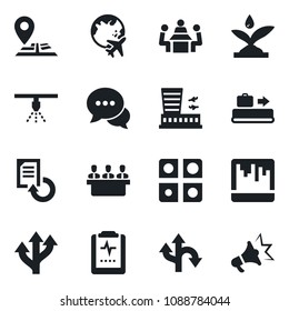 Set of vector isolated black icon - baggage conveyor vector, plane globe, airport building, document reload, pulse clipboard, route, navigation, dialog, scanner, application, meeting, irrigation