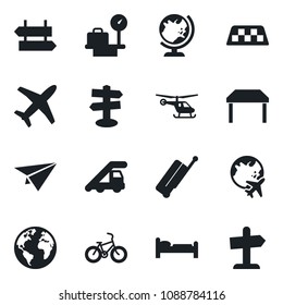 Set of vector isolated black icon - taxi vector, suitcase, signpost, globe, bed, ladder car, helicopter, luggage scales, plane, bike, earth, table, paper, guidepost