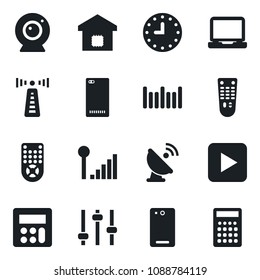 Set of vector isolated black icon - antenna vector, clock, barcode, satellite, remote control, laptop pc, play button, phone back, tuning, calculator, cellular signal, smart home, web camera