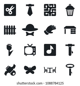 Set of vector isolated black icon - cafe vector, tv, desk, tie, fence, glove, butterfly, garden light, satellite, tulip, cut, music, dress code, chip