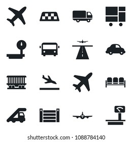 Set of vector isolated black icon - plane vector, runway, taxi, arrival, airport bus, waiting area, ladder car, railroad, delivery, container, consolidated cargo, heavy scales