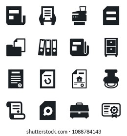 Set of vector isolated black icon - document vector, reload, contract, folder, news, case, search, paper binder, archive box, copier, stamp, estate, certificate
