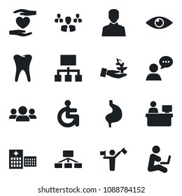 Set of vector isolated black icon - dispatcher vector, manager place, disabled, heart hand, stomach, tooth, eye, hospital, speaker, user, group, palm sproute, hierarchy, man with notebook