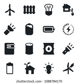 Set of vector isolated black icon - oil barrel vector, battery, torch, charge, home control, eco house, water heater, radiator, bulb, windmill