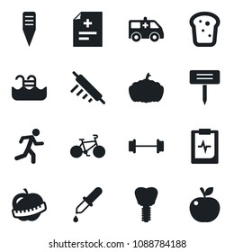 Set of vector isolated black icon - plant label vector, pumpkin, diagnosis, dropper, ambulance car, barbell, bike, run, implant, pulse clipboard, diet, pool, bread, rolling pin, apple fruit