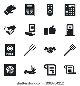 Set of vector isolated black icon - passport vector, medical room, handshake, document, farm fork, glove, finger up, fingerprint id, contract, remote control, combination lock, palm sproute