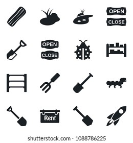 Set of vector isolated black icon - job vector, garden fork, shovel, lady bug, caterpillar, pond, rack, rent, bacon, open close, rocket