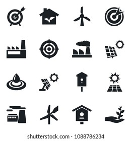 Set of vector isolated black icon - factory vector, bird house, target, sun panel, eco, water, windmill, palm sproute