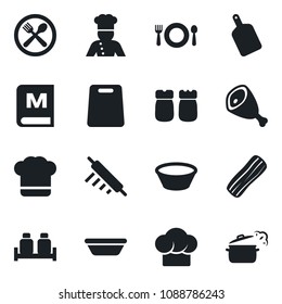 Set of vector isolated black icon - cook vector, cafe, hat, menu, bacon, salt and pepper, ham, bowl, rolling pin, cutting board, steaming pan