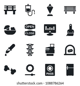 Set of vector isolated black icon - ticket office vector, passport, pennant, statistic monitor, bench, dropper, broken bone, traffic light, themes, brightness, copier, salad, open close, fridge