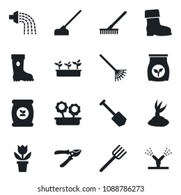 Set of vector isolated black icon - job vector, flower in pot, farm fork, rake, watering, sproute, pruner, boot, seedling, hoe, fertilizer, irrigation