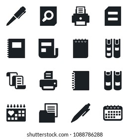 Set of vector isolated black icon - contract vector, book, document search, pen, notepad, printer, medical calendar, folder, copybook, news