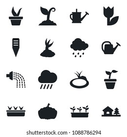 Set of vector isolated black icon - seedling vector, watering can, sproute, rain, plant label, pumpkin, pond, tulip, house with tree