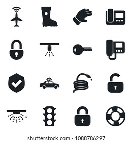 Set of vector isolated black icon - plane radar vector, alarm car, glove, boot, hose, traffic light, shield, lock, key, intercome, sprinkler, crisis management