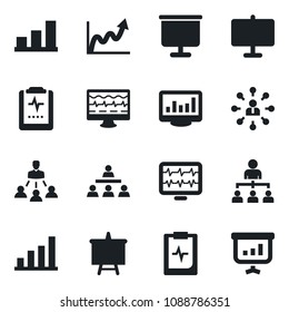 Set of vector isolated black icon - hierarchy vector, presentation board, monitor pulse, clipboard, statistics, bar graph, growth