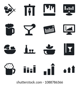 Set of vector isolated black icon - security gate vector, growth statistic, monitor, barcode, equalizer, scanner, statistics, alcohol, wine card, cocktail, beer, salad, sushi, arrow up graph