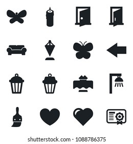 Set of vector isolated black icon - left arrow vector, pennant, butterfly, garden light, heart, themes, cushioned furniture, restaurant table, candle, outdoor lamp, door, certificate