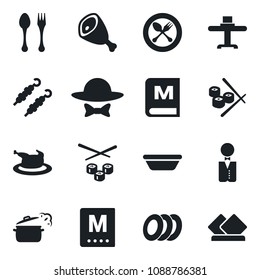 Set of vector isolated black icon - spoon and fork vector, waiter, restaurant table, menu, plates, dress code, chicken, kebab, ham, bowl, steaming pan, sushi, serviette