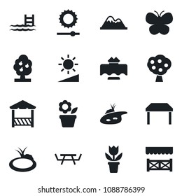 Set of vector isolated black icon - flower in pot vector, butterfly, pond, picnic table, brightness, pool, fruit tree, mountains, restaurant, alcove