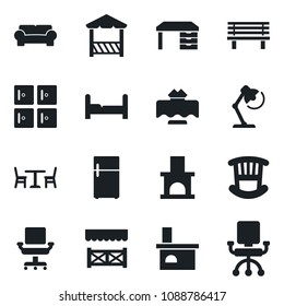 Set of vector isolated black icon - cafe vector, checkroom, desk, bench, fireplace, office chair, lamp, bedroom, children room, cushioned furniture, restaurant table, alcove, fridge