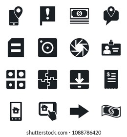 Set of vector isolated black icon - right arrow vector, identity card, document, important flag, cash, mobile tracking, camera, download, application, restaurant receipt, home control app