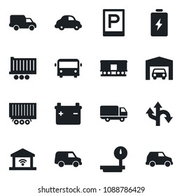 Set of vector isolated black icon - airport bus vector, parking, route, truck trailer, car delivery, heavy scales, railroad, garage, gate control, battery